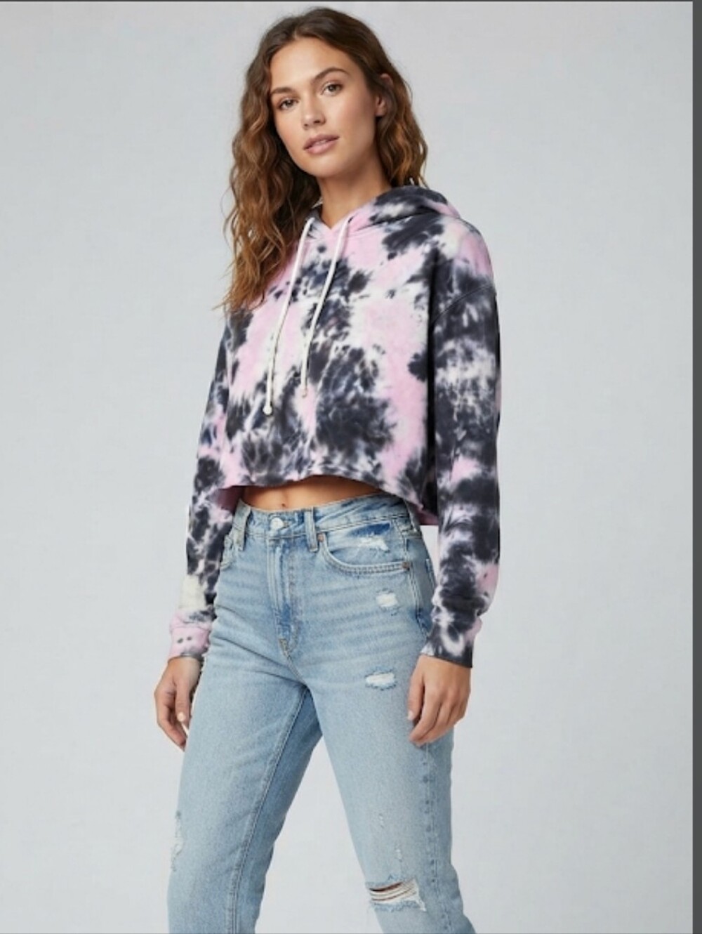 Forever 21 Pink, Black, White Tie Dye Cropped Hoodie Size Large